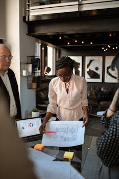 A diverse group discussing a project proposal in a modern office setting.