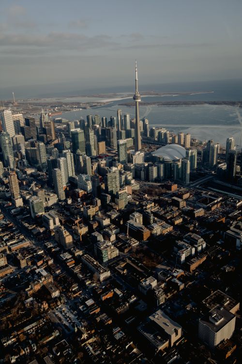 Free Aerial view of city district with skyscrapers and CN telecommunication Tower on coast of river in Canada Stock Photo