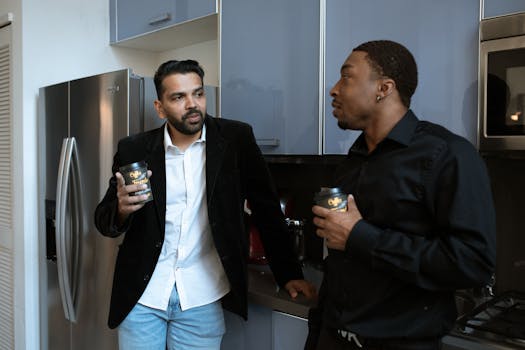 Two men having a casual discussion while enjoying coffee in an office kitchen setting.