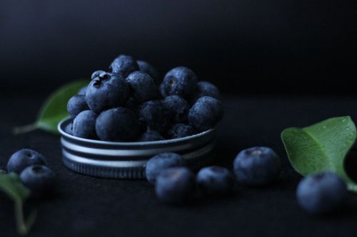 Free A detailed shot of fresh, ripe blueberries on a metal lid with green leaves. Stock Photo