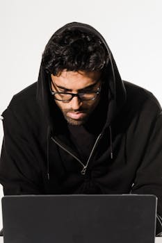 Focused man in a hoodie intently working on a laptop indoors.