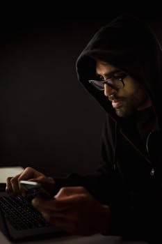 Side view concentrated male hacker in black hood browsing netbook and mobile phone while surfing dark net in obscurity