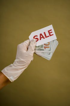 A gloved hand holds a stack of US dollars with a red 'SALE' tag against a plain background.