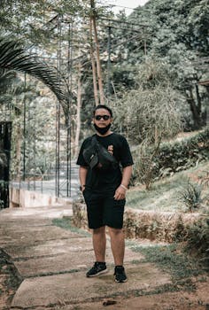 Casually dressed man standing on a garden pathway wearing sunglasses and a crossbody bag.