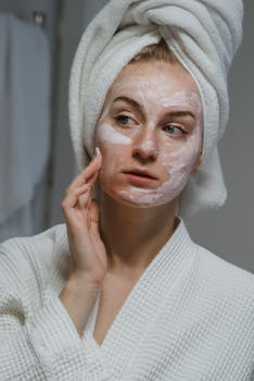 A woman wearing a bathrobe and towel applies facial cream, focusing on skincare routine.