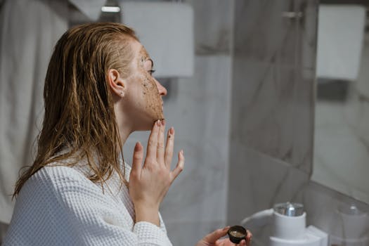 Woman with wet hair using coffee scrub on face in a modern bathroom setting.