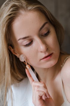 Young woman practicing skincare routine with a jade roller indoors.