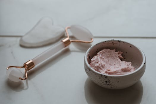 Close-up of a skincare setup featuring a gua sha tool, jade roller, and pink cream in a bowl.