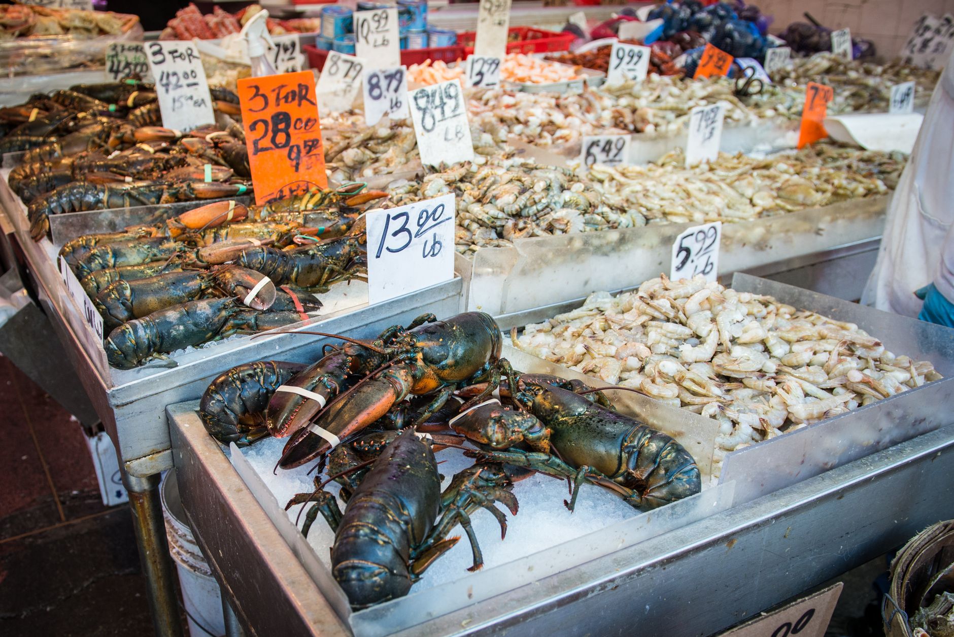 Assorted seafood including lobsters and shrimps on display at a New York market.