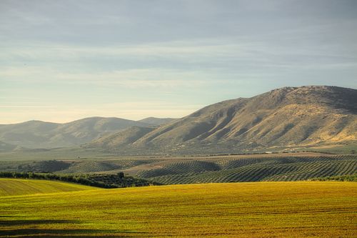 Free Beautiful rolling hills and cultivated fields under a clear sky in Spain. Stock Photo