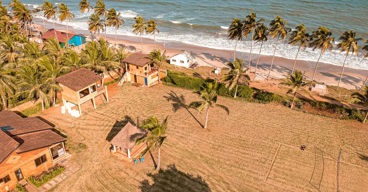 A scenic aerial view of beachfront homes surrounded by palm trees and the ocean's waves on a sunny day.