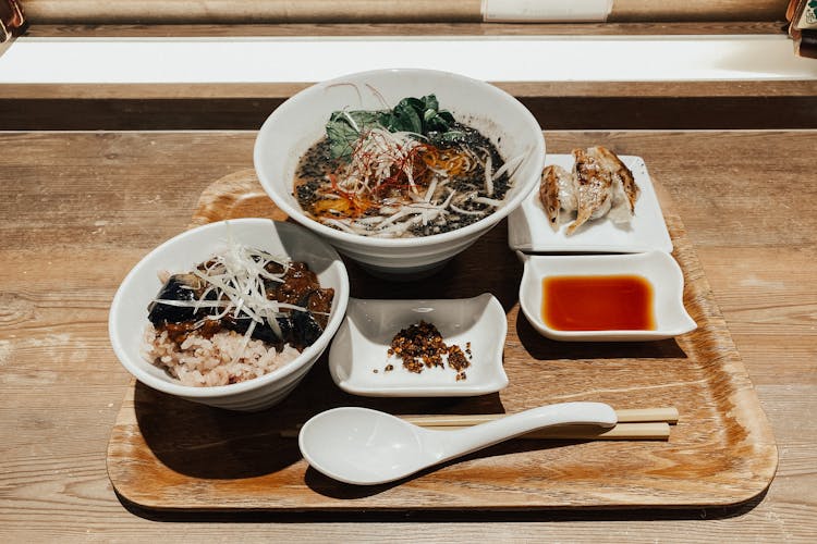 Delicious Traditional Asian Soup And Rice With Vegetables Served On Tray