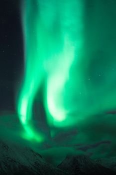 夜空中，鲜艳的绿色北极光照亮了山区景观