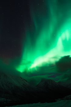 晴朗的夜晚，北极光在白雪皑皑的山巅翩翩起舞，令人惊叹
