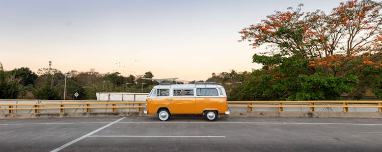 Orange And White Volkswagen Bus On Road 