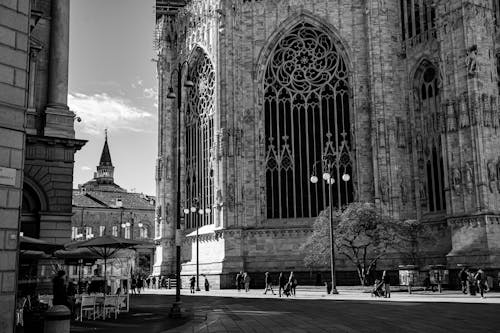 Exterior of Gothic medieval cathedral in city street