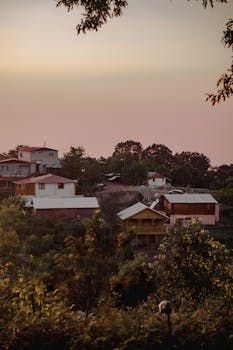 A picturesque view of rural houses surrounded by lush greenery under a warm sunset sky.
