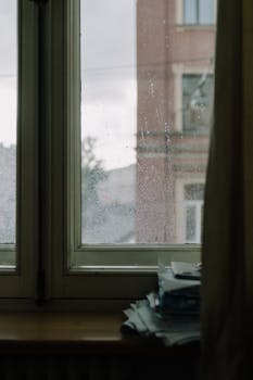 Raindrops on a window with an urban backdrop, evoking a moody, contemplative vibe.