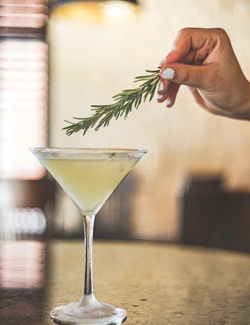 Free A Hand Holding a Rosemary Over a Cocktail Drink Stock Photo