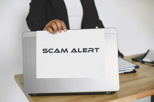 Identity theft prevention - Business person holding a scam alert sign over a laptop, warning against online fraud.