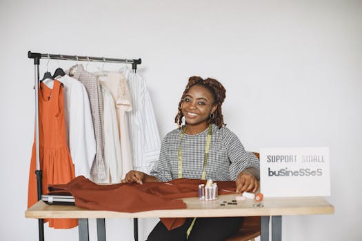 Smiling fashion designer in her studio supporting small businesses.