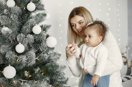 Mother Showing her Toddler Decorated Christmas Tree