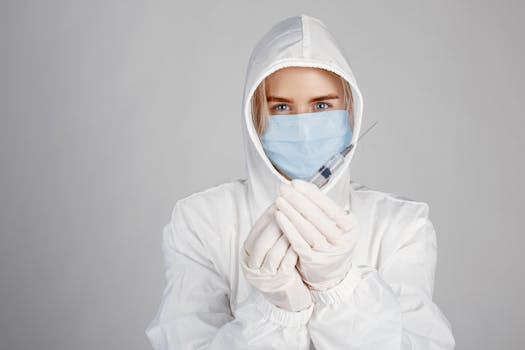 A healthcare worker in protective suit and mask holding a syringe, symbolizing vaccination.