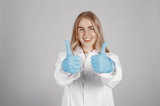 Cheerful woman in medical gloves giving a positive thumbs up gesture.