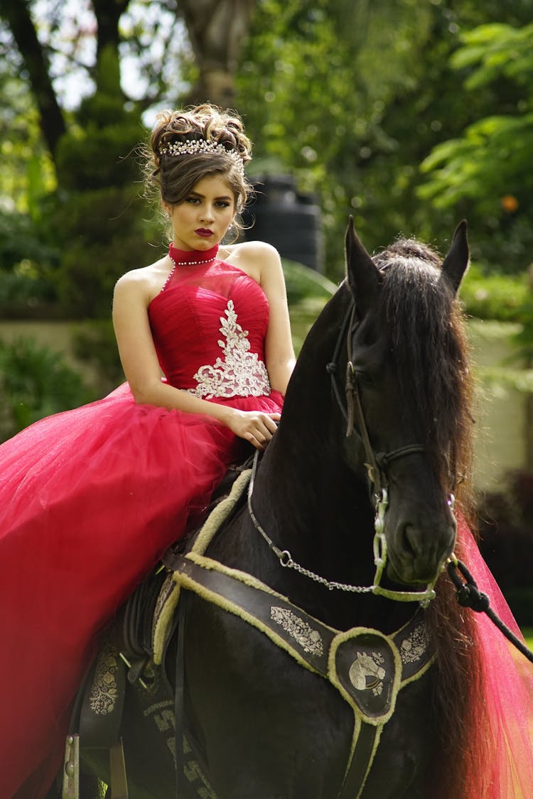 A Woman In Pink Gown Riding A Black Horse