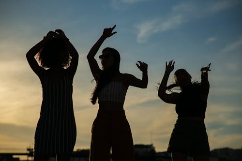 Low angle silhouettes of unrecognizable young female friends dancing against cloudy sunset sky during open air party
