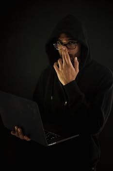 A man in a hoodie and glasses using a laptop in a dark room, representing cyber security.