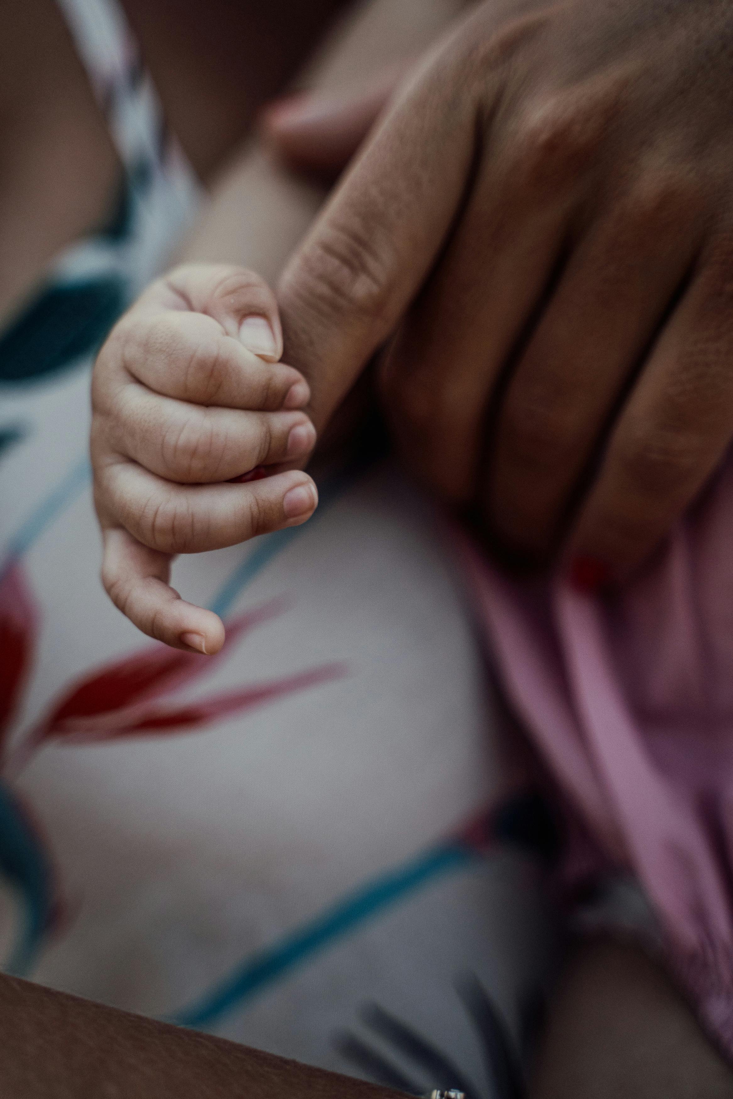 adult touching fingers of newborn