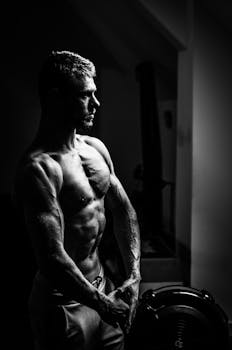 A dramatic black and white portrait of a fit, muscular man in a side view.