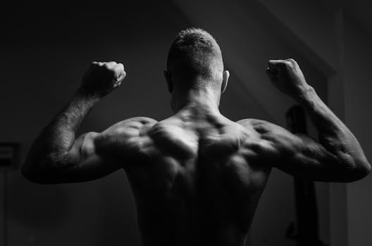 Black and white image of a man flexing his muscles, showcasing strength and masculinity.