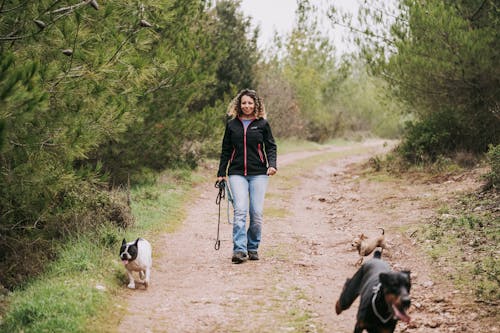 Free Woman in Black Jacket Walking With 2 Dogs on Dirt Road Stock Photo