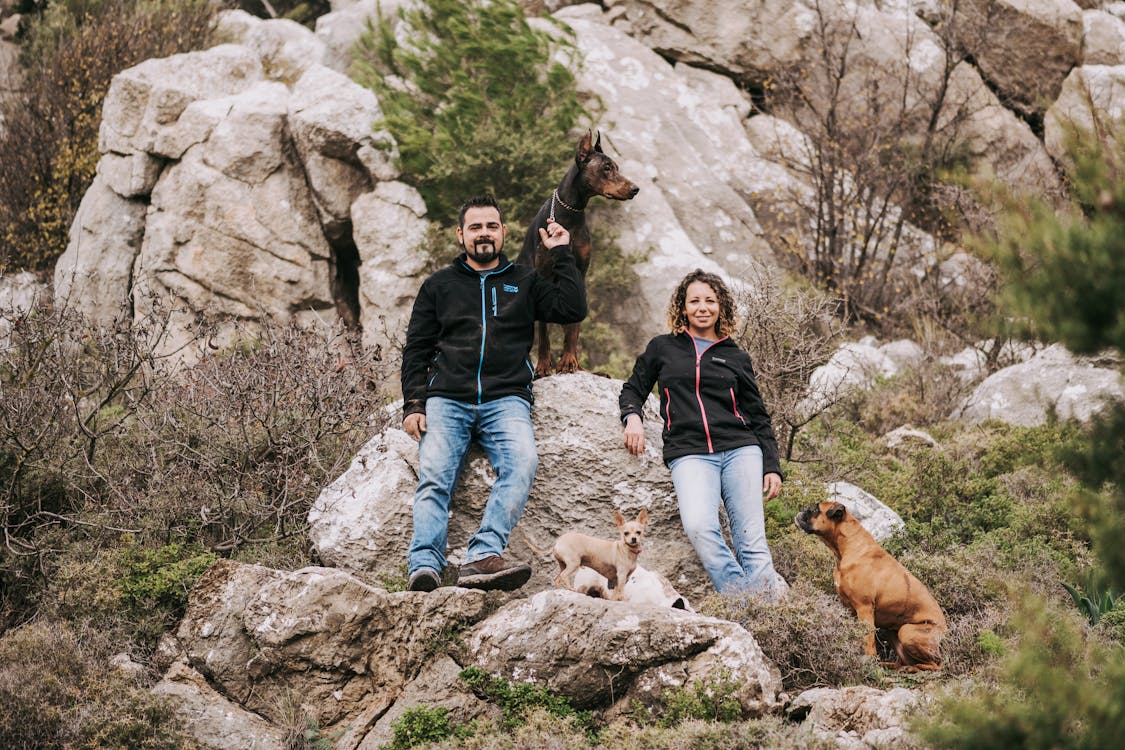 Free Couple of Hikers with Dogs Stock Photo