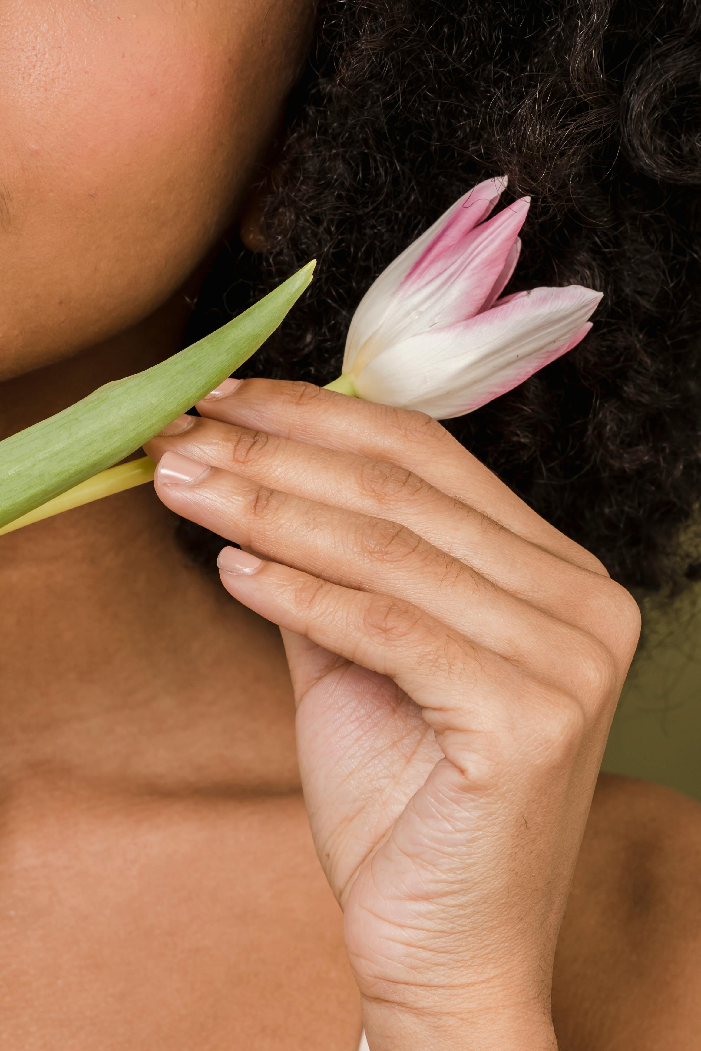 Crop unrecognizable ethnic female with Afro hair and bare shoulders holding delicate tulip flower in hand