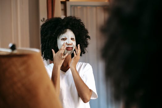 A woman in a white shirt applies a sheet mask in front of a mirror, embracing self-care at home.