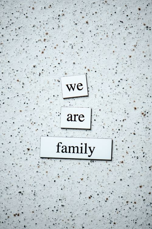 Free Minimalist photo of 'We are family' phrase on a speckled background, conveying unity and warmth. Stock Photo