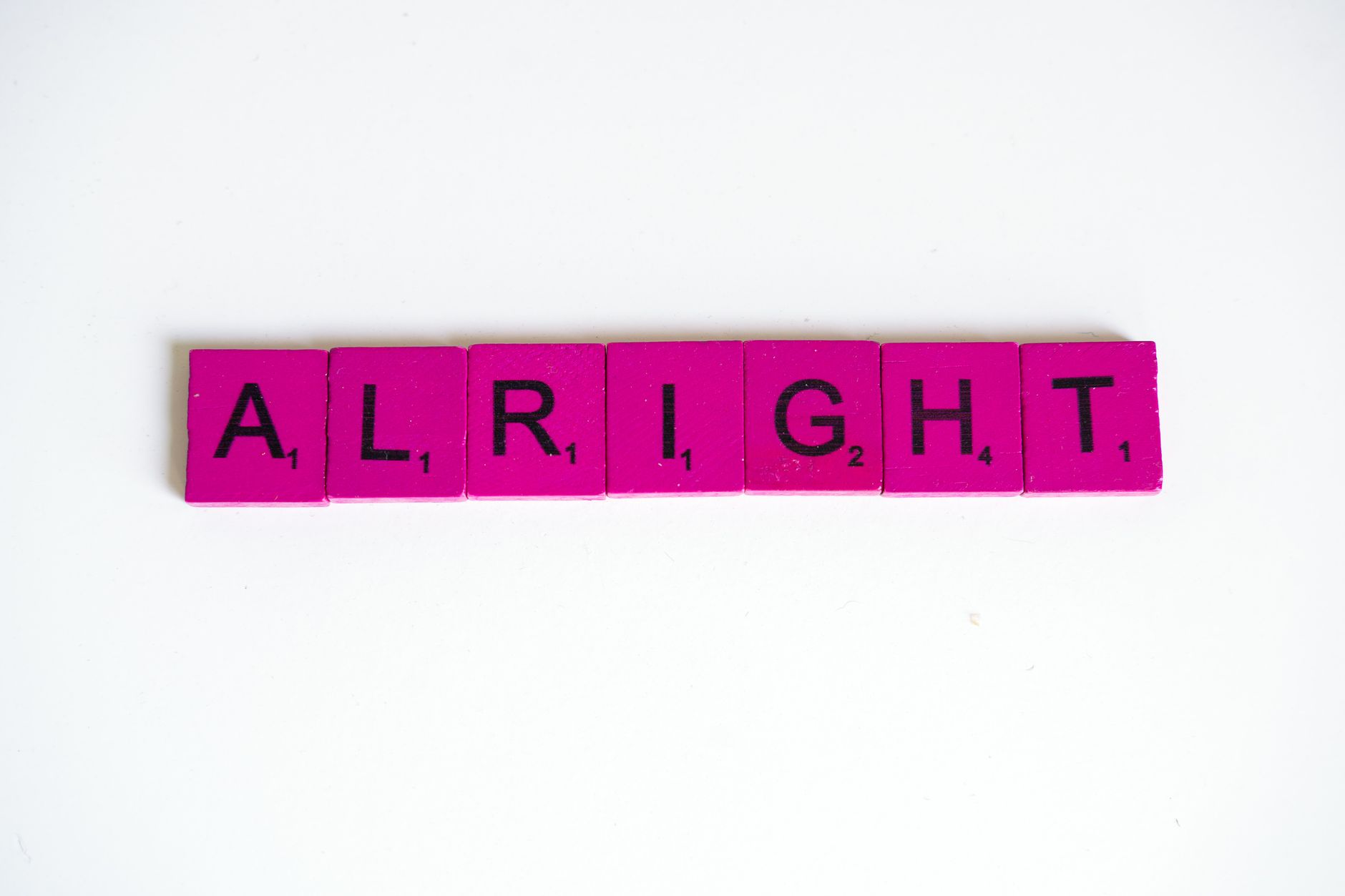 Scrabble tiles spelling 'ALRIGHT' on a white background.