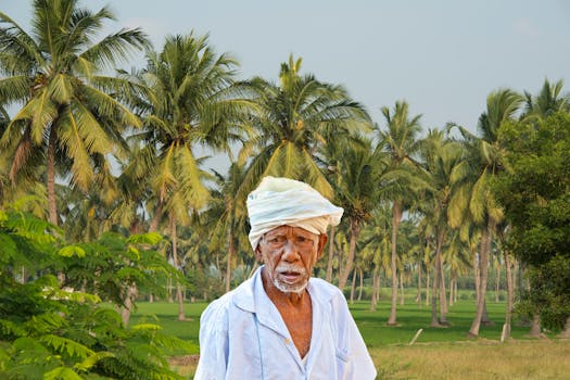 Portrait of an elderly Indian farmer in a coconut grove, Guntur, India.
