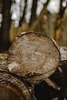 Detailed close-up capturing annual rings on a cut log with forest background, showcasing texture and depth.