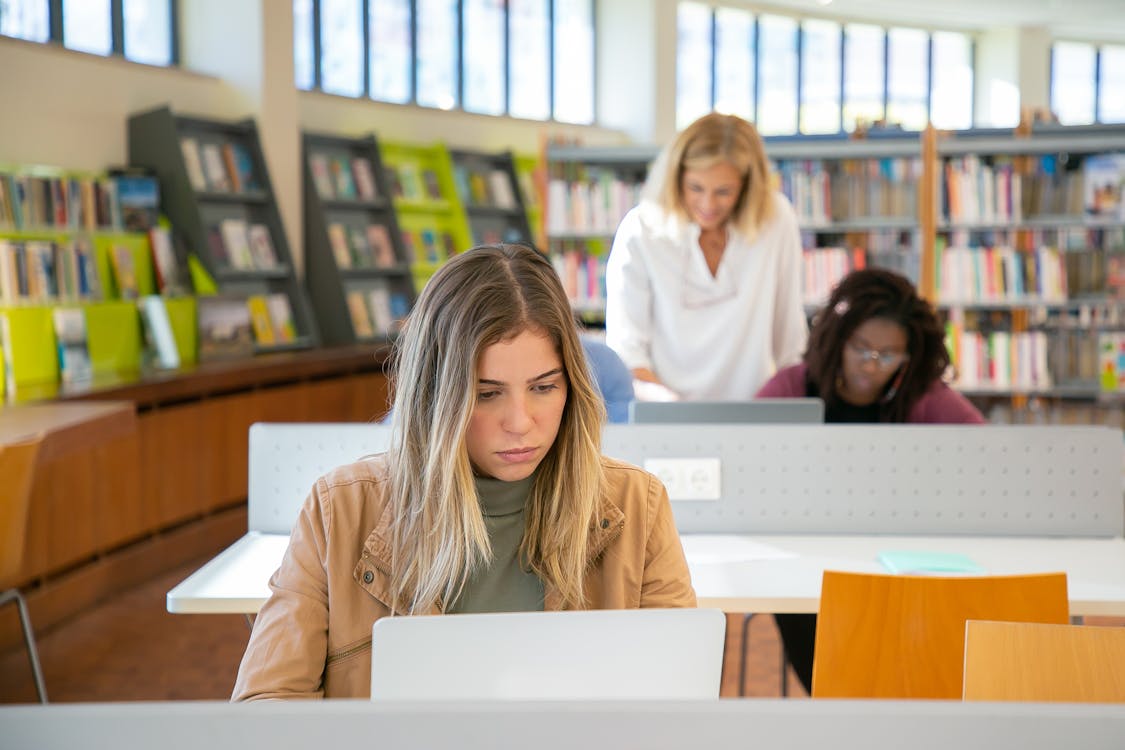 Free Concentrated young lady in casual clothes browsing laptop while preparing for exams in library of university with multiracial students Stock Photo