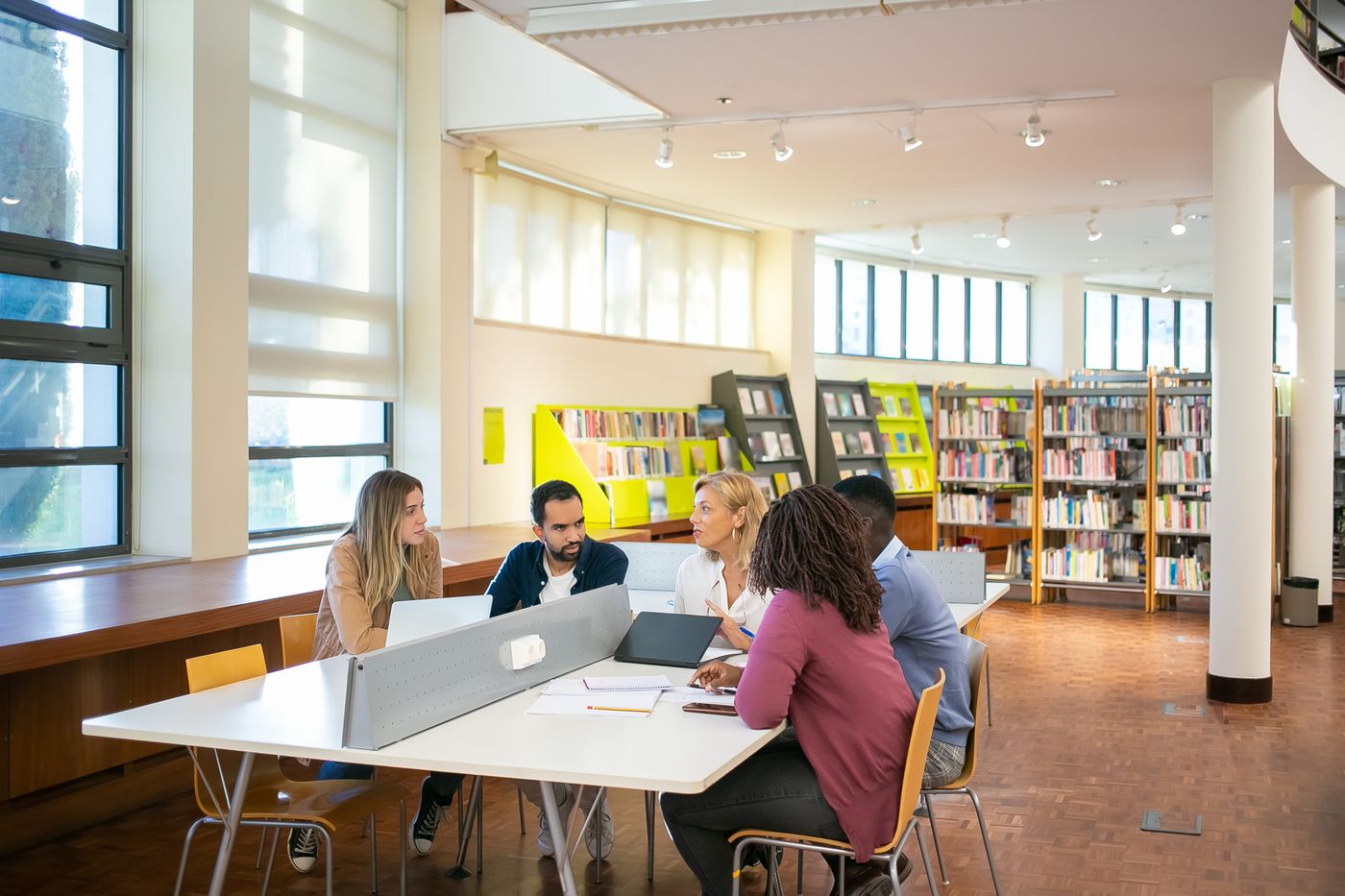 Students collaborating in a university library