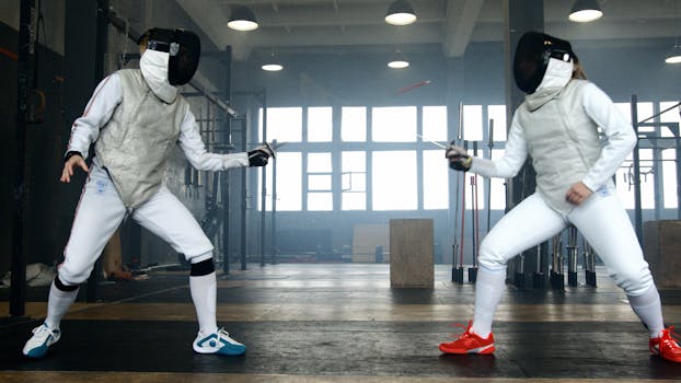 Two fencers compete in an intense epee match within a modern indoor gym, showcasing skill and equipment.