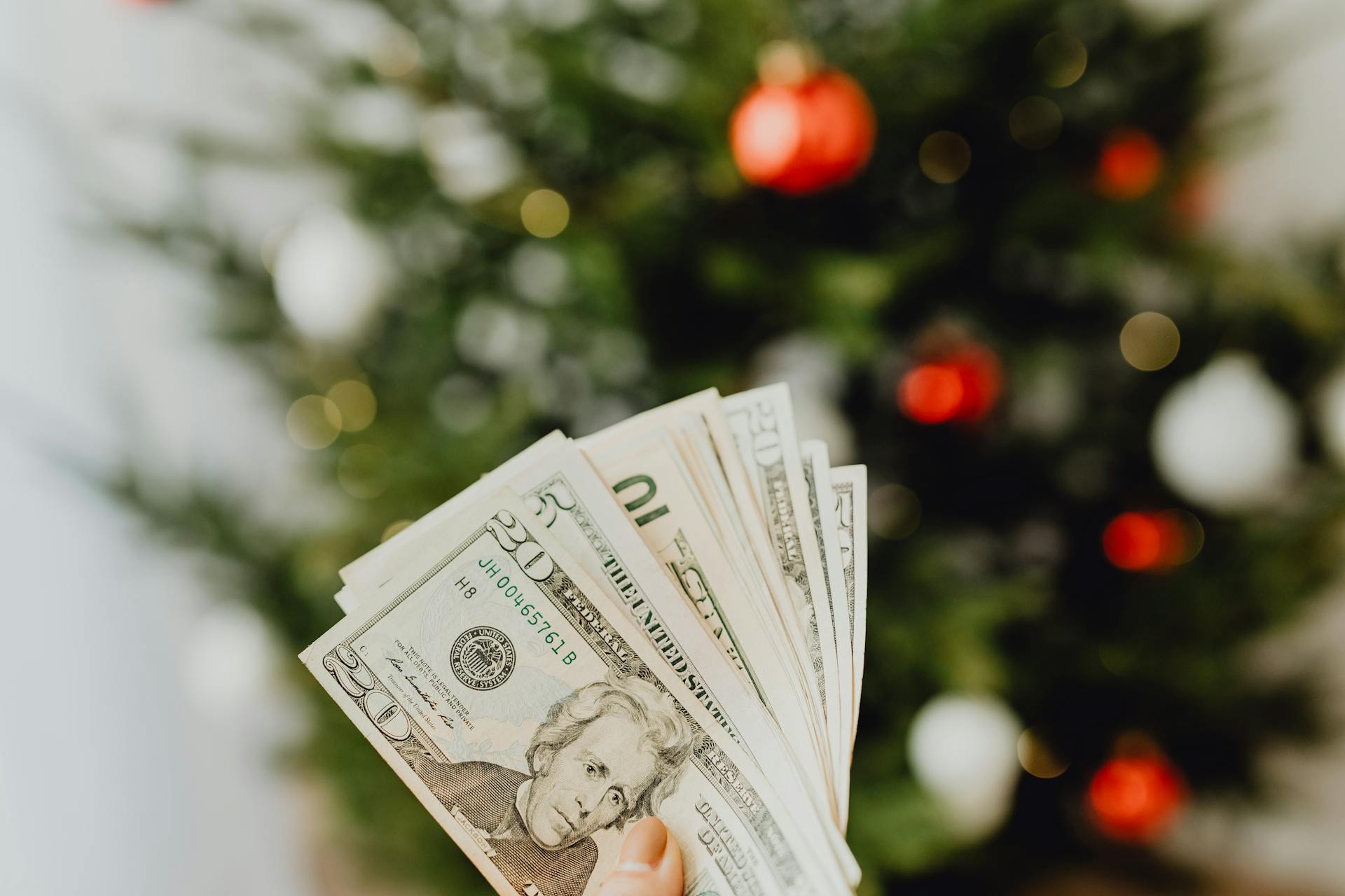 Person Holding Dollar Bills with Christmas Tree in Background