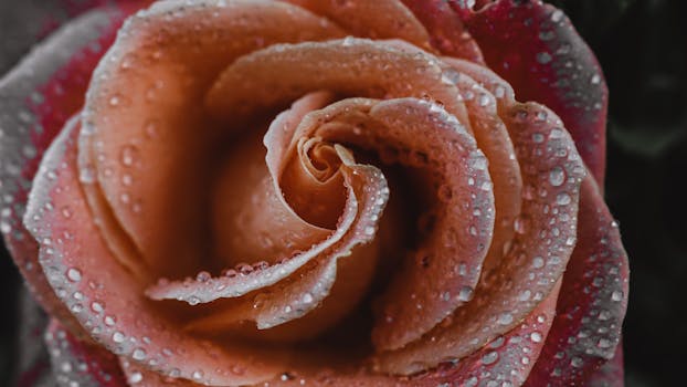 A macro shot of a beautiful rose with dew-covered petals and intricate water droplets.