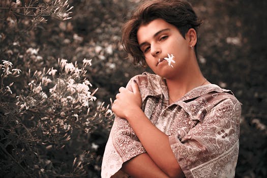 A person poses with flowers outdoors, evoking peacefulness and tranquility.