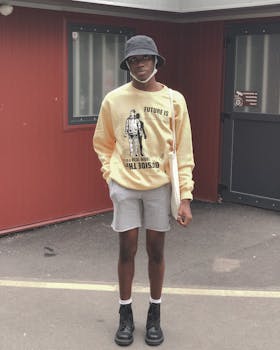 Stylish young adult wearing bucket hat and sweater, posing with tote bag in an urban setting.
