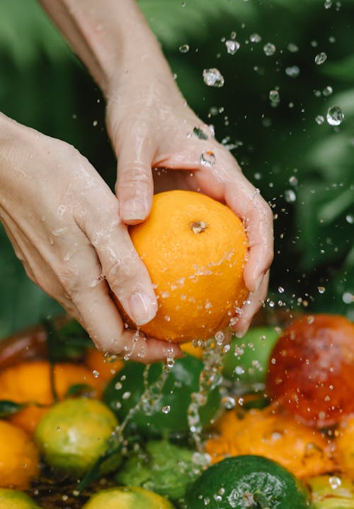 Mujer Anónima Lavando Frutas Frescas En Un Tazón De Agua En El Jardín